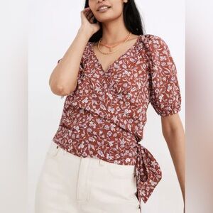 Madewell Puff-Sleeve Wrap Crop Top in Batik‎ Vine